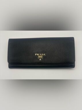 Prada Black Saffiano Leather Continental Wallet Long Gold Hardware Authentic